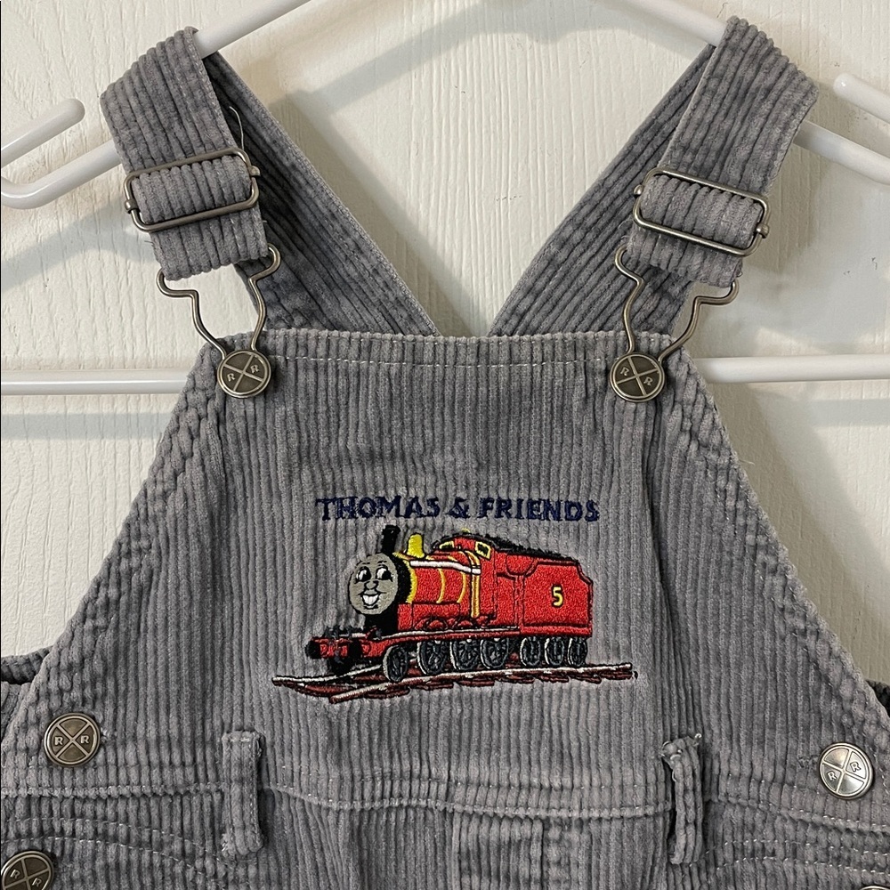 Thomas & Friends Like New Corduroy Gray Overall Bibs Train Embroidery Size 12 Mo - Picture 2 of 9